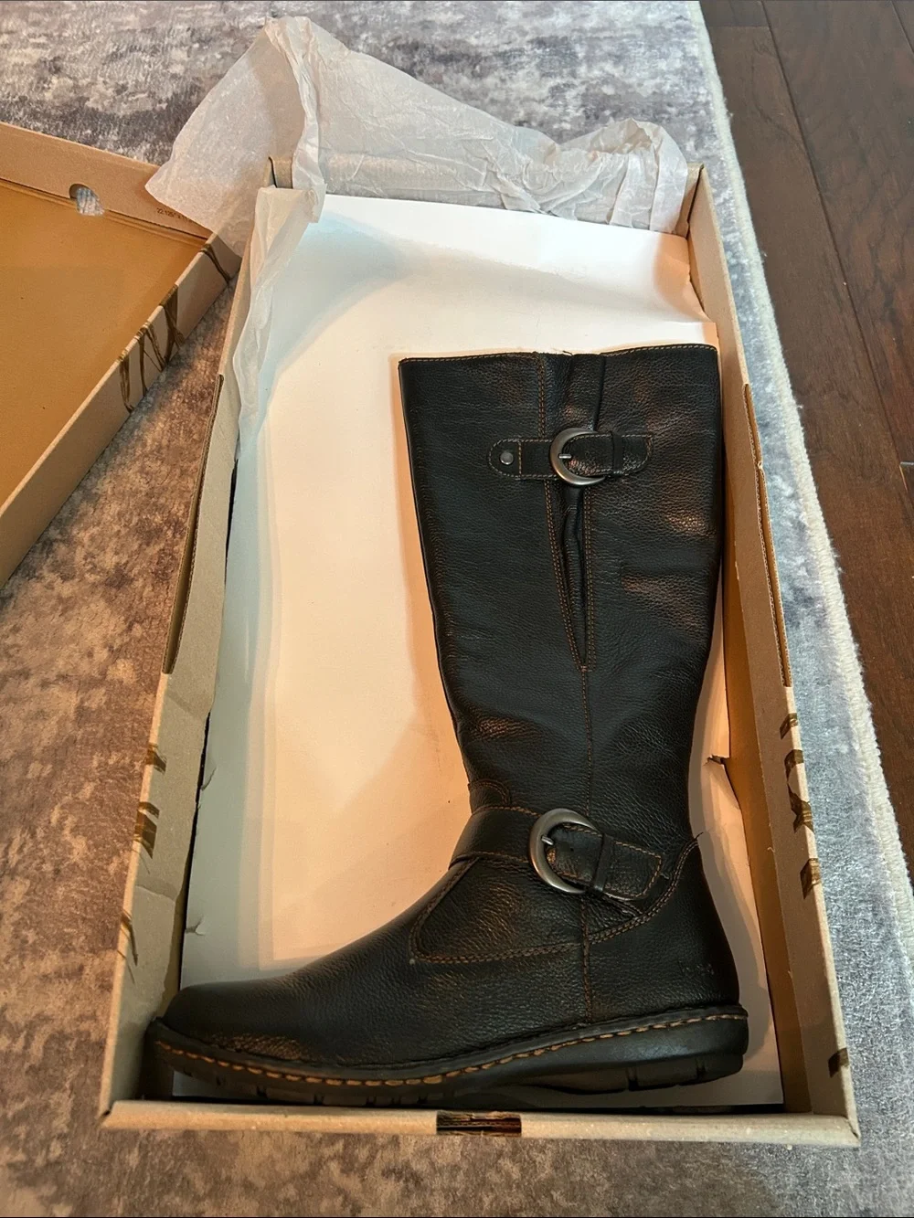 b.o.c. Black Tall Leather Riding Boots with Buckle Accents